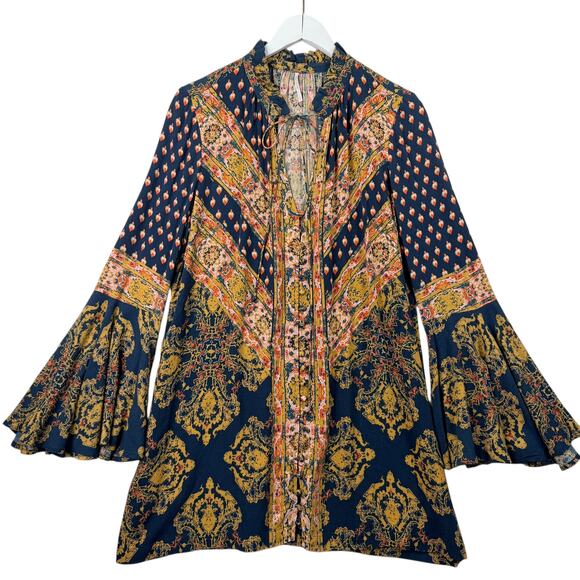Free People Magic Mystery Tunic Dress Womens S Boho Mixed Print Bell Sleeve - Picture 4 of 12